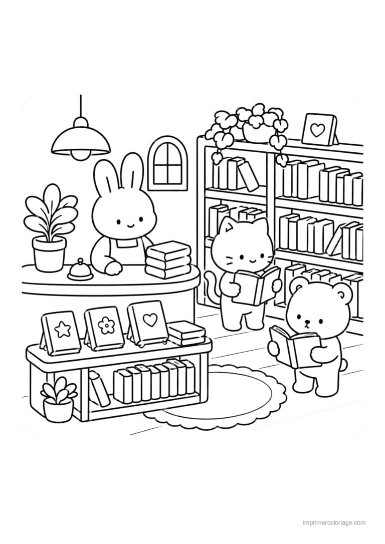 coloriage cozy friends animaux lisent a la librairie - dessin gratuit &agrave; imprimer