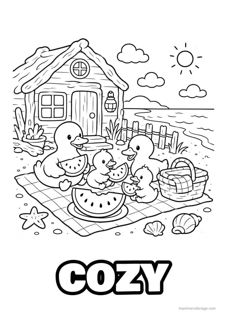 coloriage cozy friends canards pique nique pasteque - dessin gratuit &agrave; imprimer