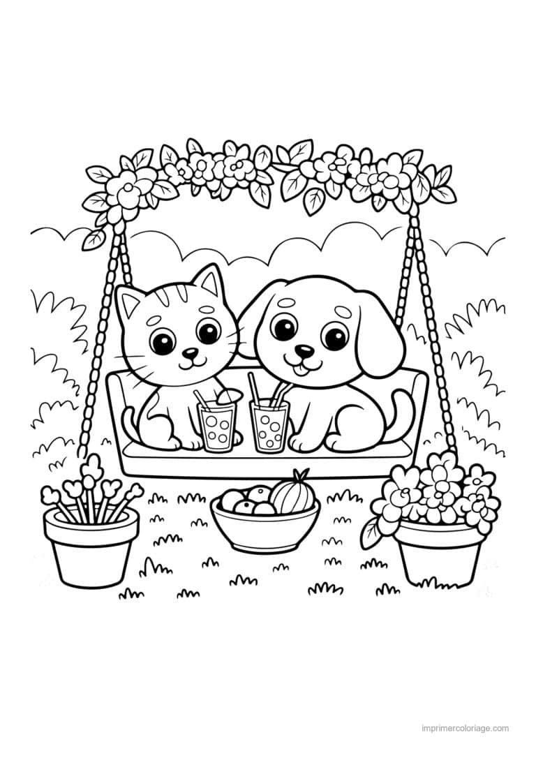 coloriage cozy friends chat et chien sur balancoire - dessin gratuit &agrave; imprimer