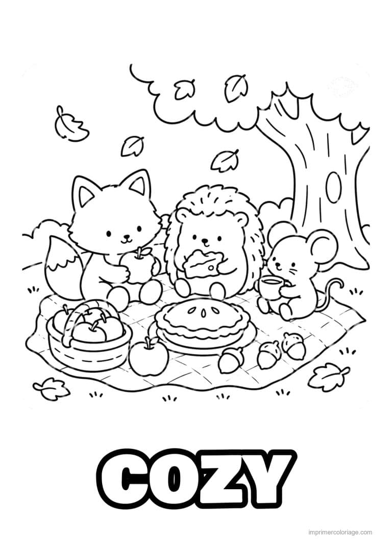 coloriage cozy friends chat herisson et souris pique niquent - dessin gratuit &agrave; imprimer