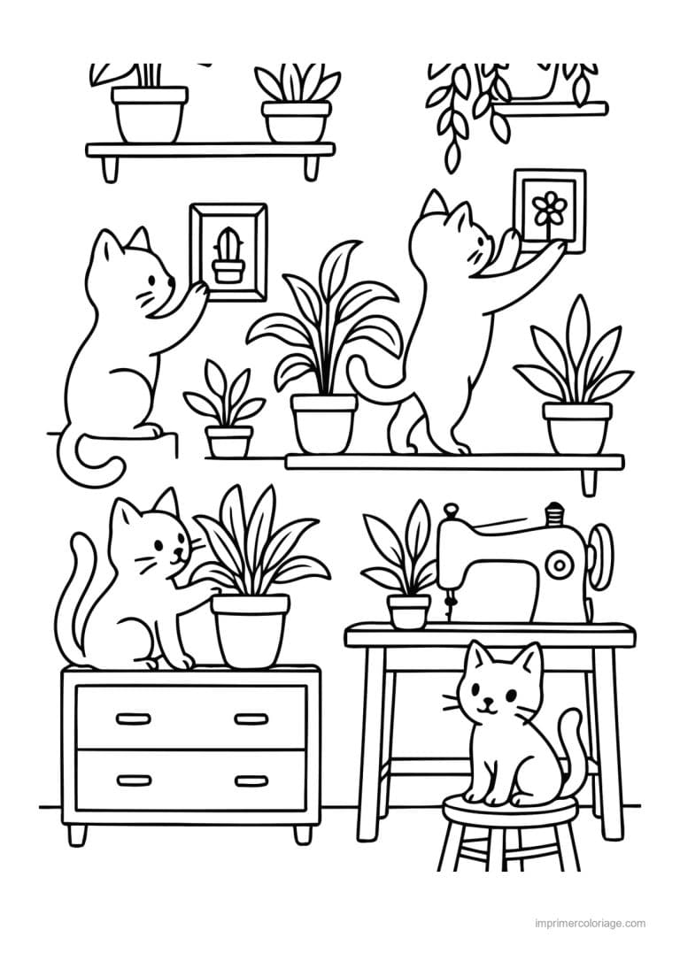 coloriage cozy friends chats dans l atelier plantes - dessin gratuit &agrave; imprimer