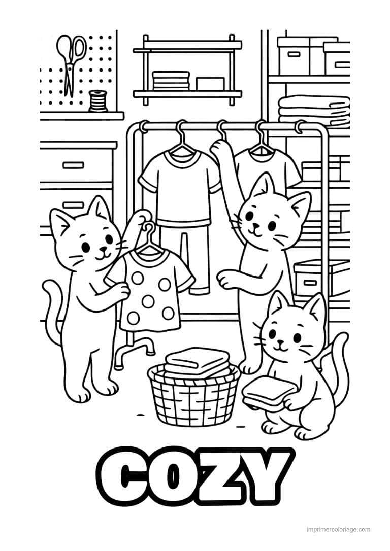 coloriage cozy friends chats rangent le linge - dessin gratuit &agrave; imprimer