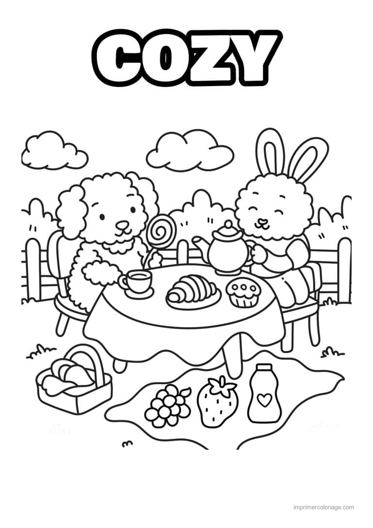 coloriage cozy friends chien et lapin gouter champetre - dessin gratuit &agrave; imprimer