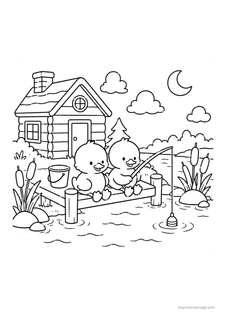 coloriage cozy friends deux canetons pechent sur le ponton - dessin gratuit &agrave; imprimer