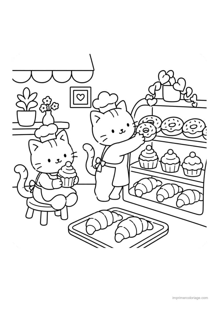 coloriage cozy friends deux chats patissiers en boutique - dessin gratuit &agrave; imprimer