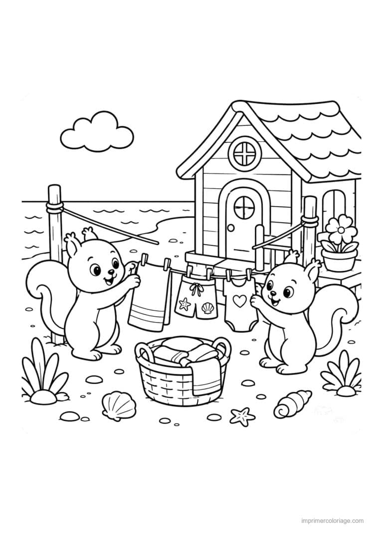 coloriage cozy friends deux ecureuils etendent le linge - dessin gratuit &agrave; imprimer