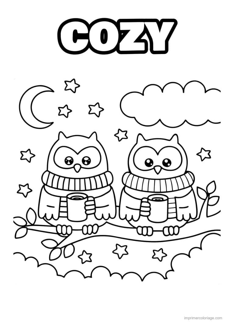 coloriage cozy friends deux hiboux boivent un chocolat - dessin gratuit &agrave; imprimer