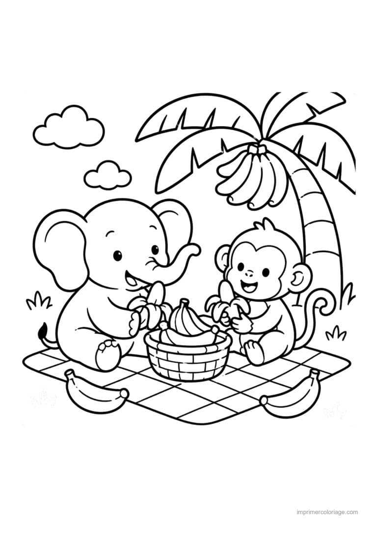coloriage cozy friends elephant et singe mangent bananes - dessin gratuit &agrave; imprimer