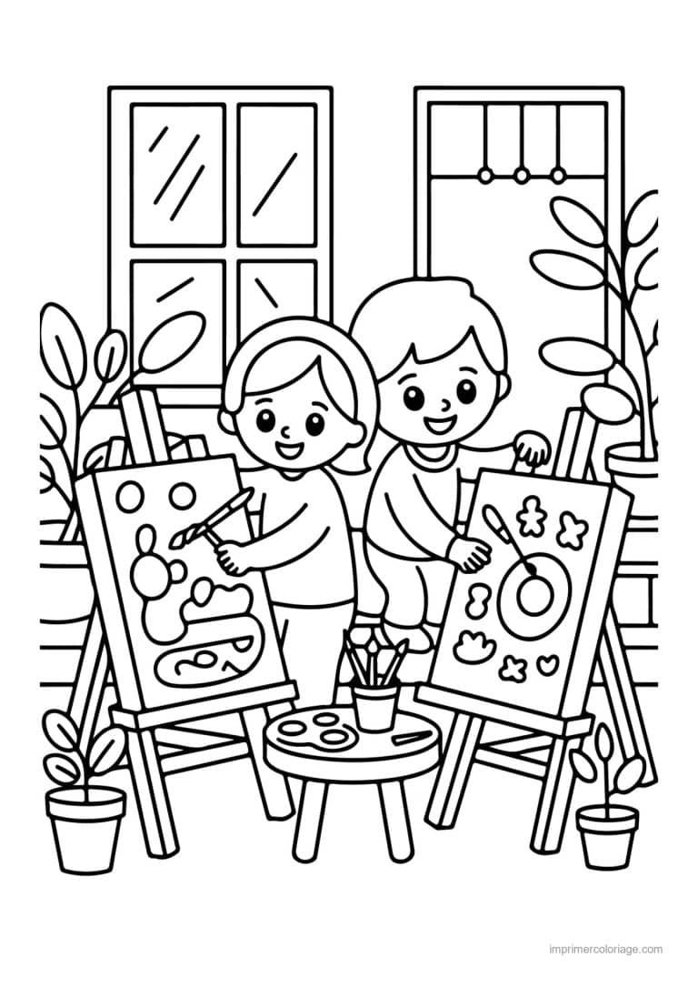 coloriage cozy friends enfants qui peignent au chevalet - dessin gratuit &agrave; imprimer