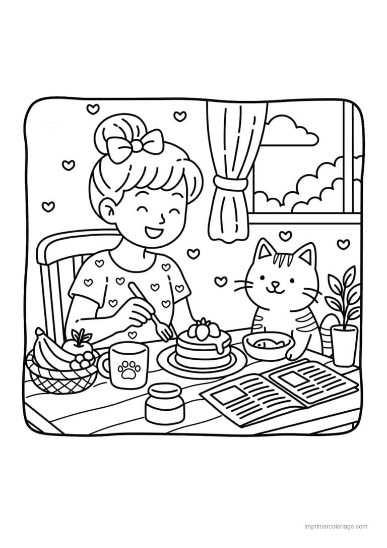 coloriage cozy friends fille crepes avec son chat - dessin gratuit &agrave; imprimer
