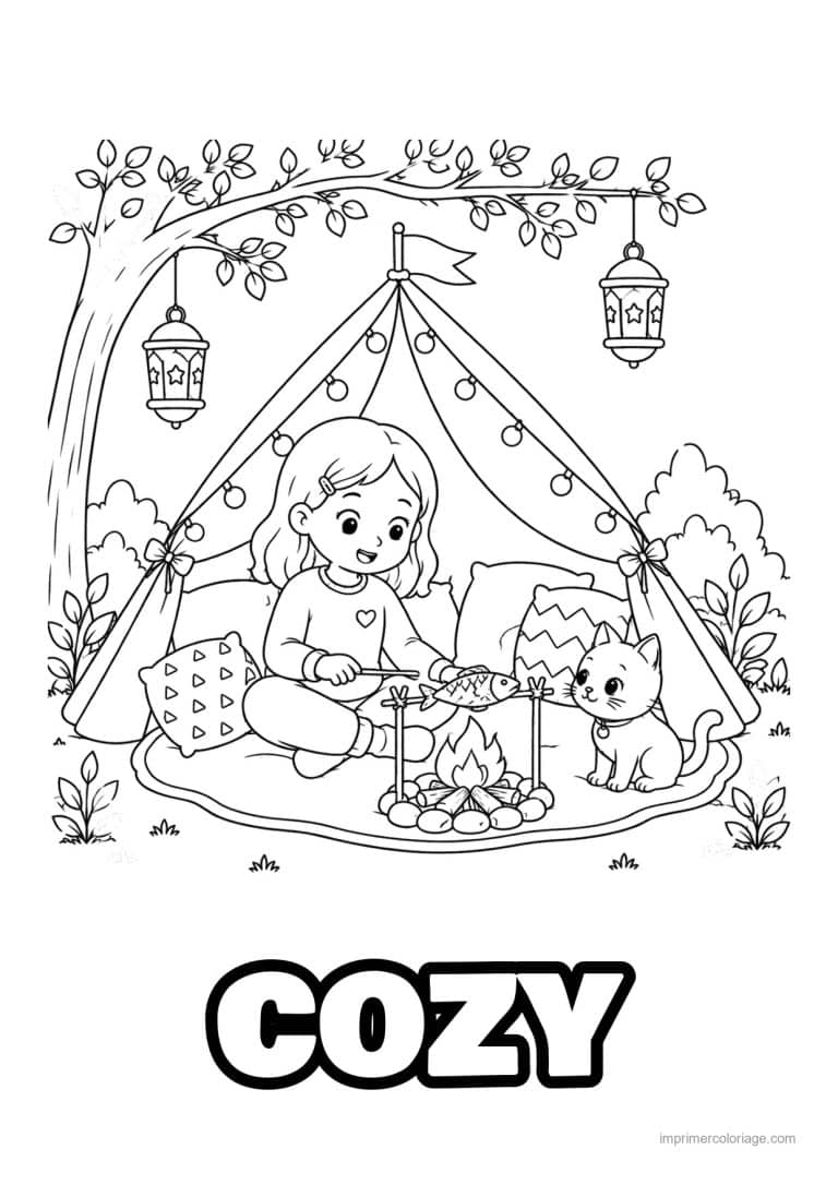 coloriage cozy friends fille et chat sous la tente - dessin gratuit &agrave; imprimer