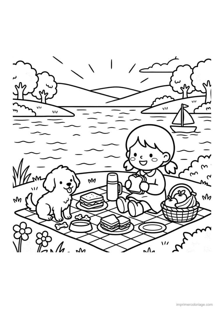 coloriage cozy friends fillette et chiot au pique nique - dessin gratuit &agrave; imprimer