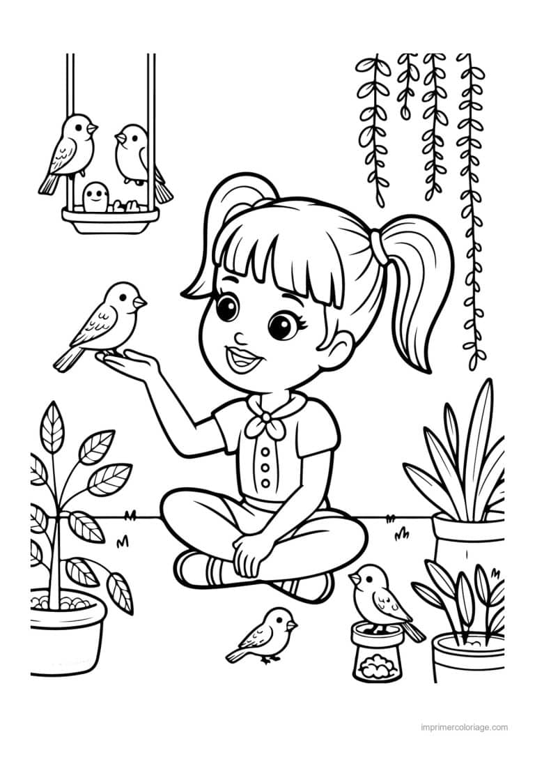 coloriage cozy friends fillette et oiseaux au jardin - dessin gratuit &agrave; imprimer