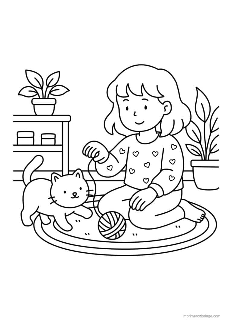 coloriage cozy friends fillette joue avec son chat - dessin gratuit &agrave; imprimer