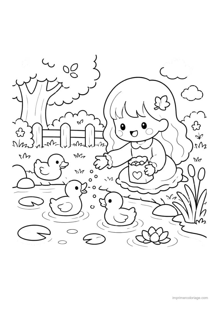 coloriage cozy friends fillette nourrit les canards - dessin gratuit &agrave; imprimer