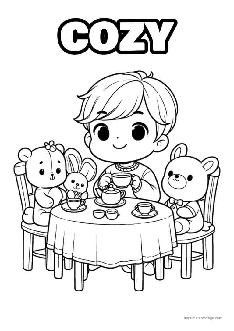 coloriage cozy friends garcon dinette avec doudous - dessin gratuit &agrave; imprimer