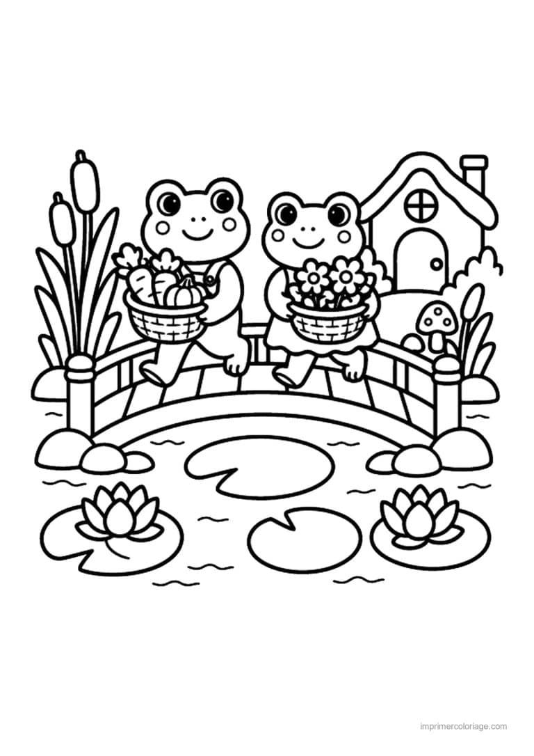 coloriage cozy friends grenouilles sur le pont fleuri - dessin gratuit &agrave; imprimer