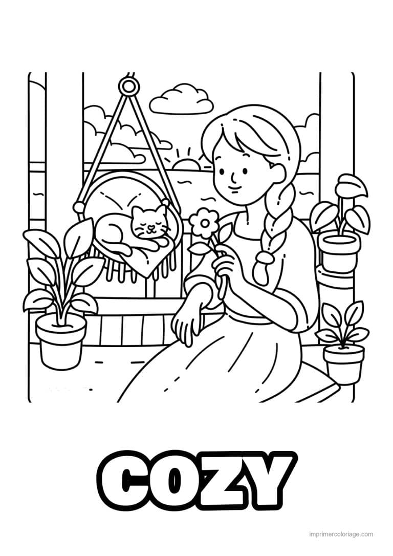 coloriage cozy friends jeune femme et chat aux plantes - dessin gratuit &agrave; imprimer