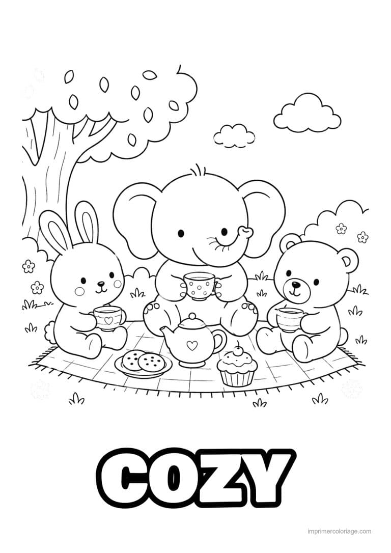 coloriage cozy friends lapin elephant ours pique nique - dessin gratuit &agrave; imprimer