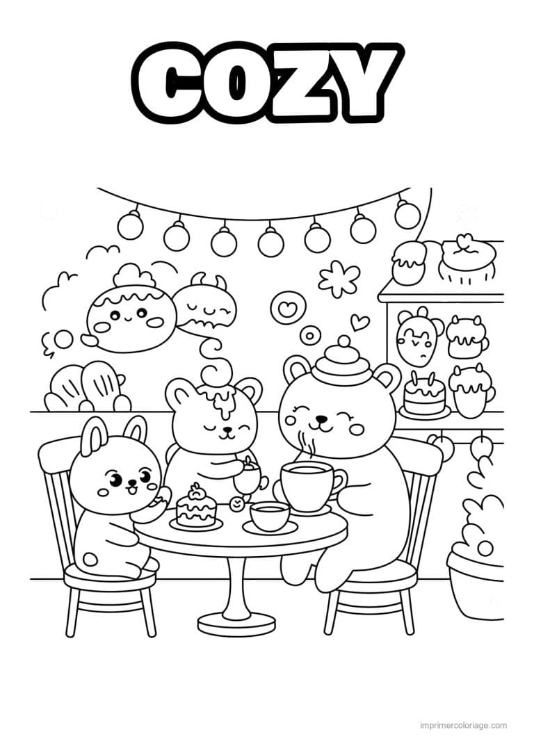 coloriage cozy friends lapin et chats au salon de the - dessin gratuit &agrave; imprimer