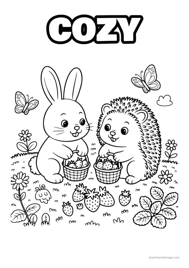 coloriage cozy friends lapin herisson cueillent fraises - dessin gratuit &agrave; imprimer
