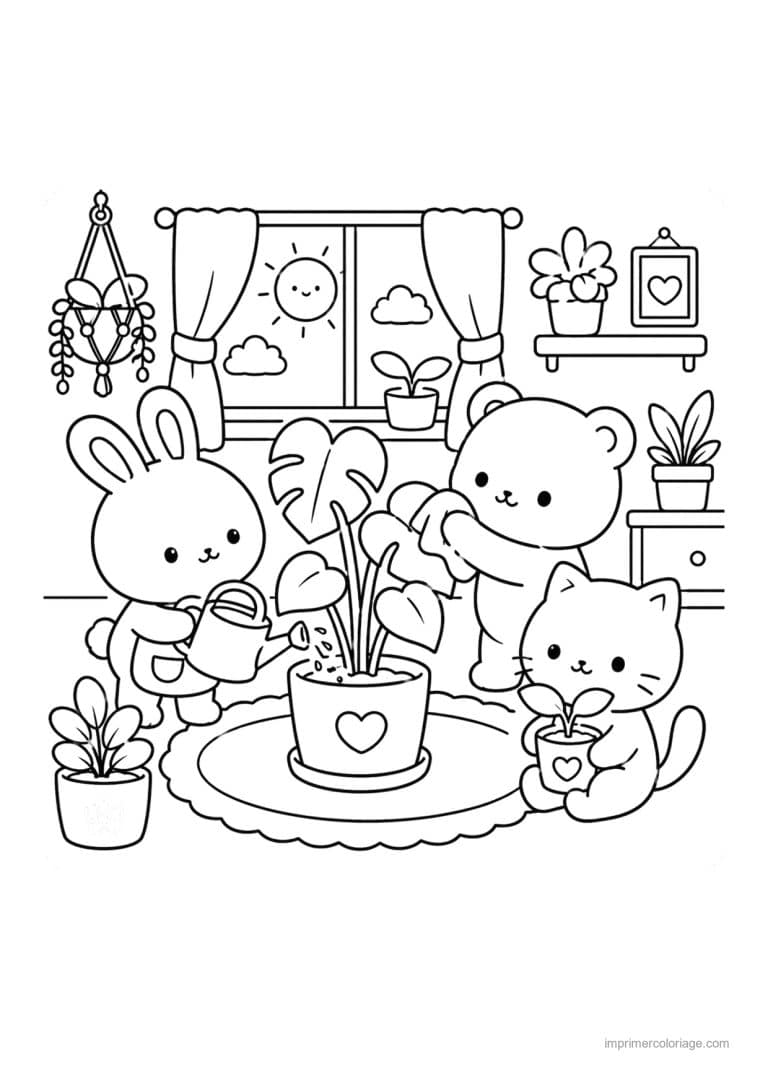 coloriage cozy friends lapin ours et chat jardinent - dessin gratuit &agrave; imprimer
