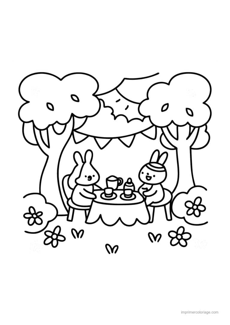 coloriage cozy friends lapins gouter sous les fanions - dessin gratuit &agrave; imprimer