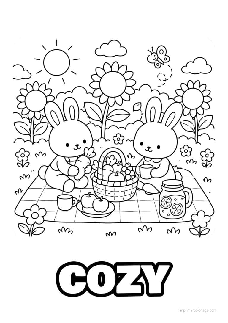 coloriage cozy friends lapins pique nique tournesols - dessin gratuit &agrave; imprimer