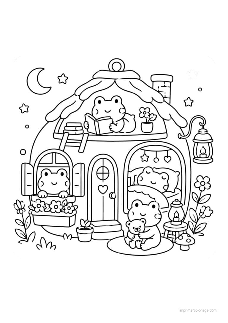 coloriage cozy friends maisonnette d animaux la nuit - dessin gratuit &agrave; imprimer