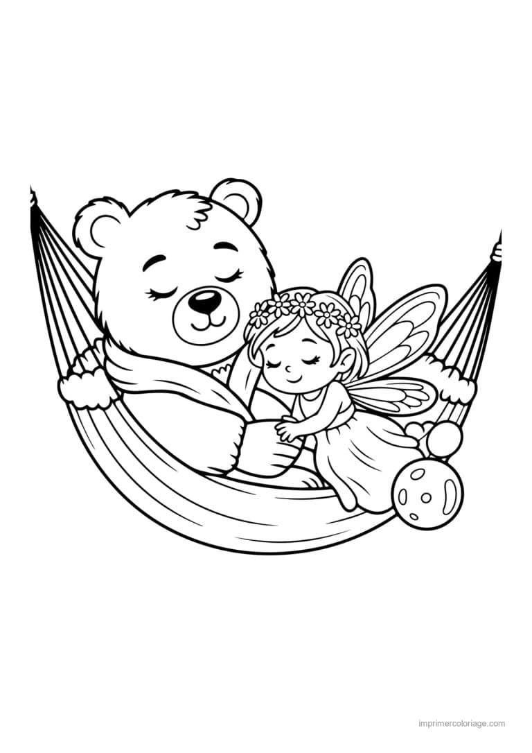 coloriage cozy friends ours et fee dans le hamac - dessin gratuit &agrave; imprimer