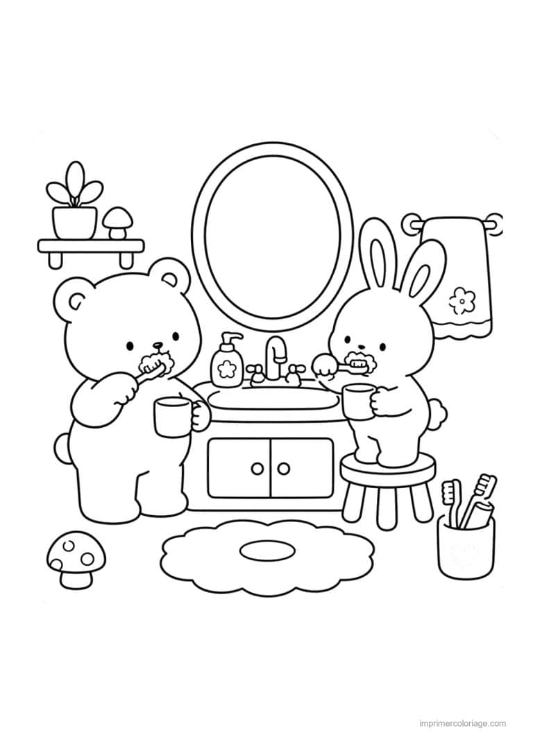coloriage cozy friends ours et lapin se brossent les dents - dessin gratuit &agrave; imprimer