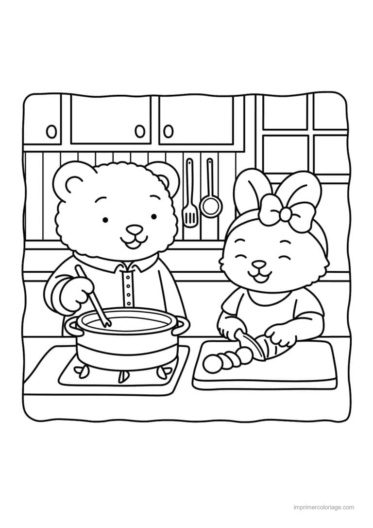 coloriage cozy friends ours et lapine cuisinent - dessin gratuit &agrave; imprimer