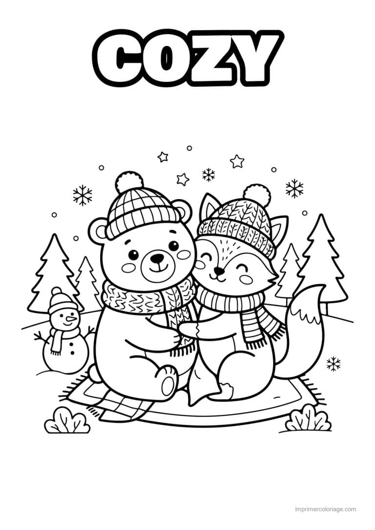 coloriage cozy friends ours et renard calin neige - dessin gratuit &agrave; imprimer