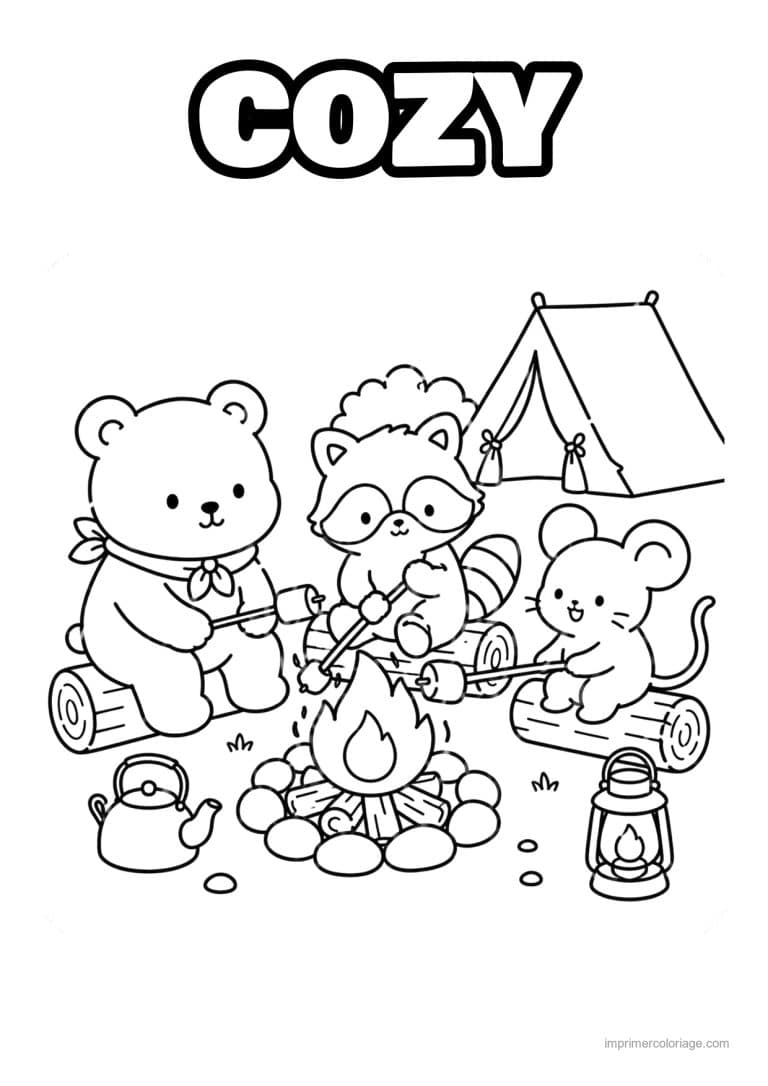 coloriage cozy friends ours raton souris guimauves - dessin gratuit &agrave; imprimer