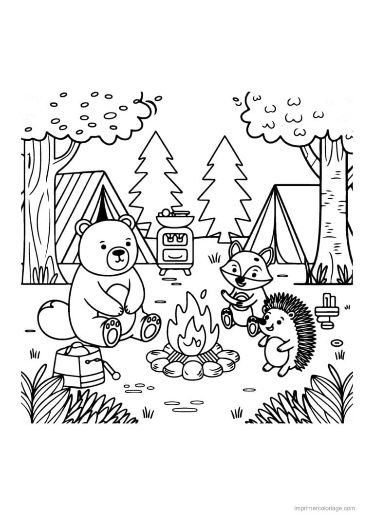 coloriage cozy friends ours renard herisson au camping - dessin gratuit &agrave; imprimer