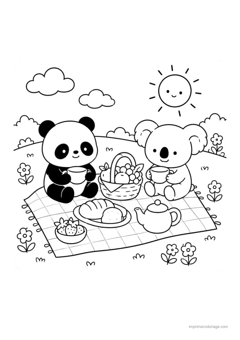 coloriage cozy friends panda et koala pique nique - dessin gratuit &agrave; imprimer