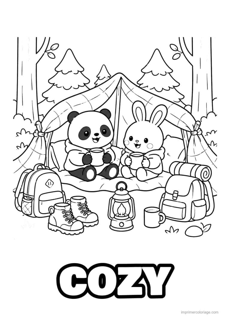 coloriage cozy friends panda et lapin en camping - dessin gratuit &agrave; imprimer