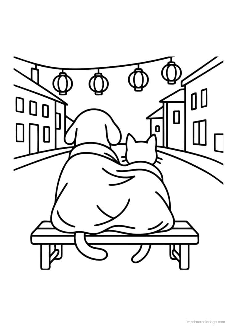 coloriage cozy friends personne et chat sous une couverture - dessin gratuit &agrave; imprimer