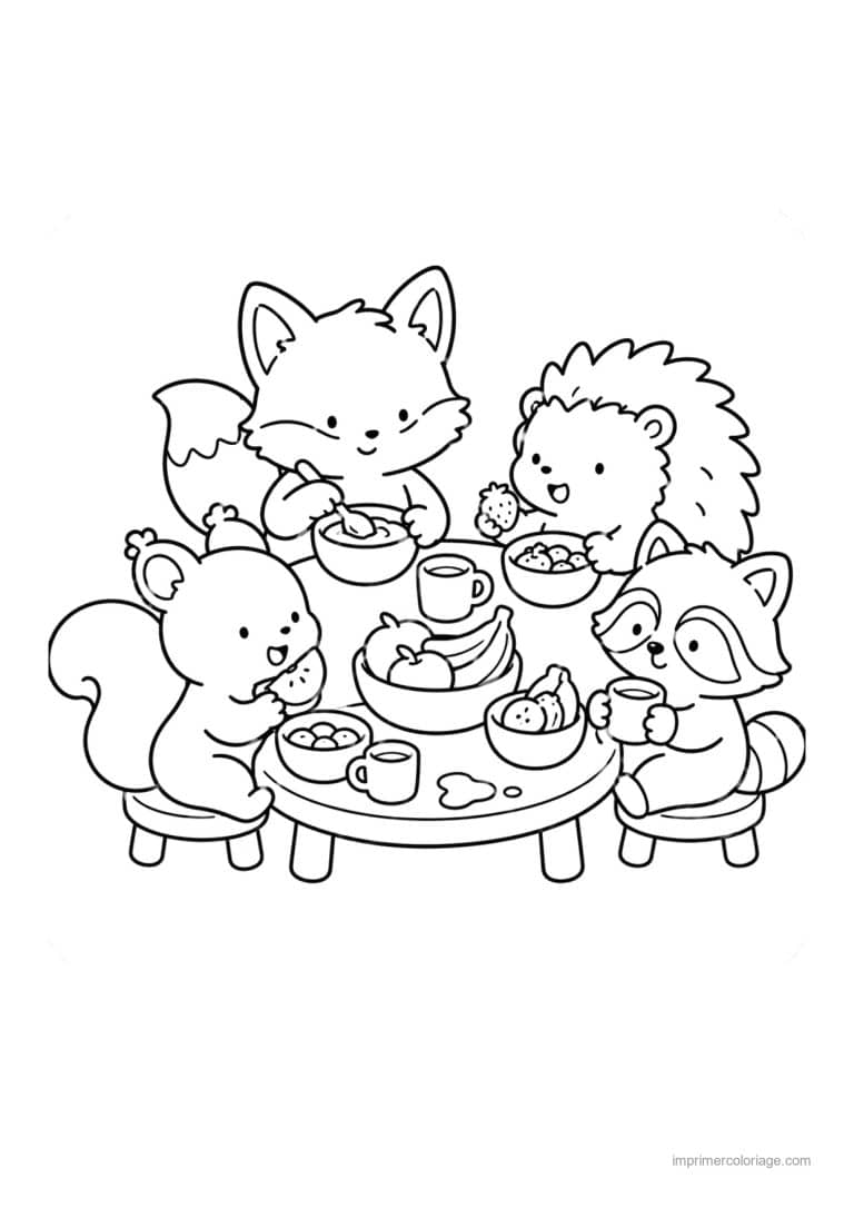 coloriage cozy friends quatre amis de la foret a table - dessin gratuit &agrave; imprimer