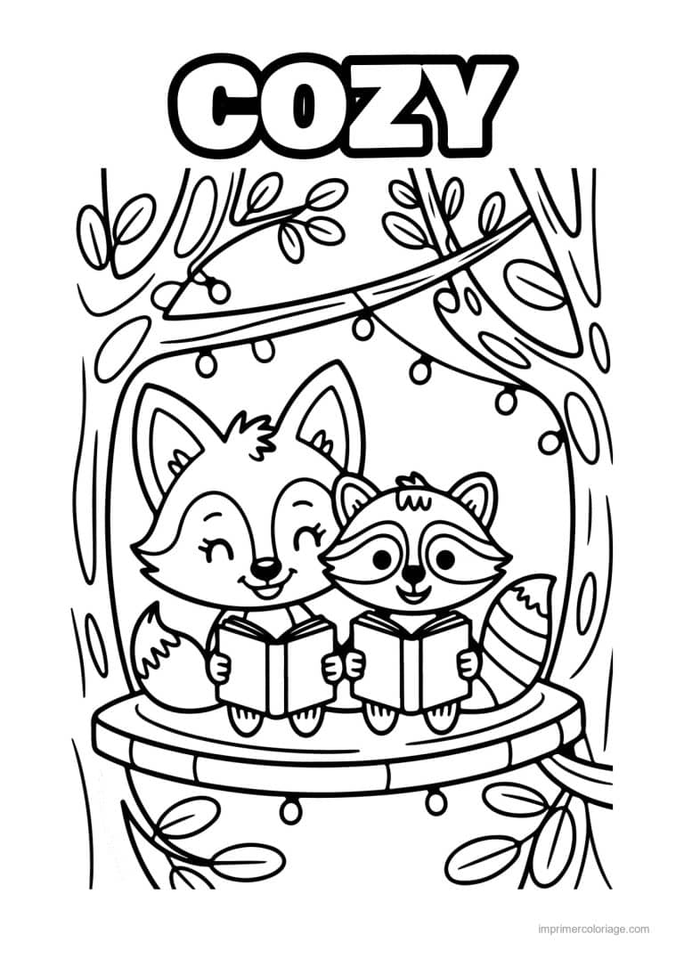 coloriage cozy friends renard et raton lisent perches - dessin gratuit &agrave; imprimer