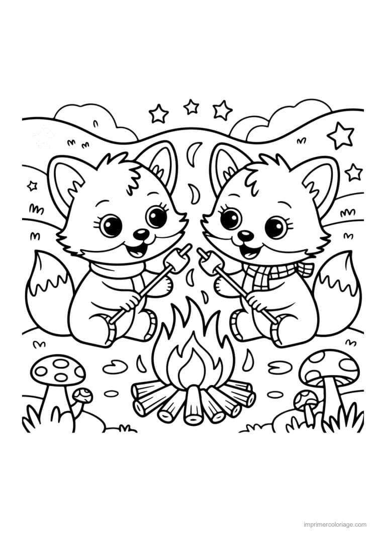 coloriage cozy friends renards grillent des guimauves - dessin gratuit &agrave; imprimer