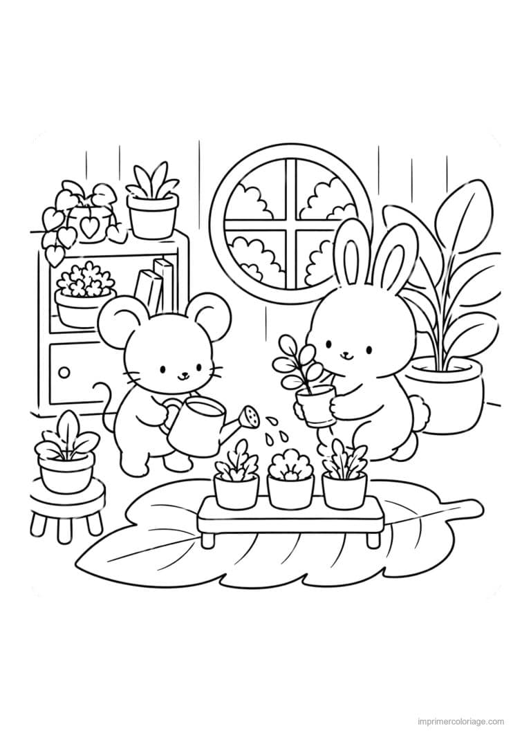 coloriage cozy friends souris et lapin arrosent plantes - dessin gratuit &agrave; imprimer