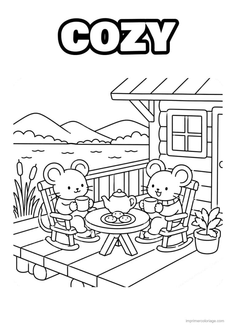 coloriage cozy friends souris the sur la terrasse - dessin gratuit &agrave; imprimer