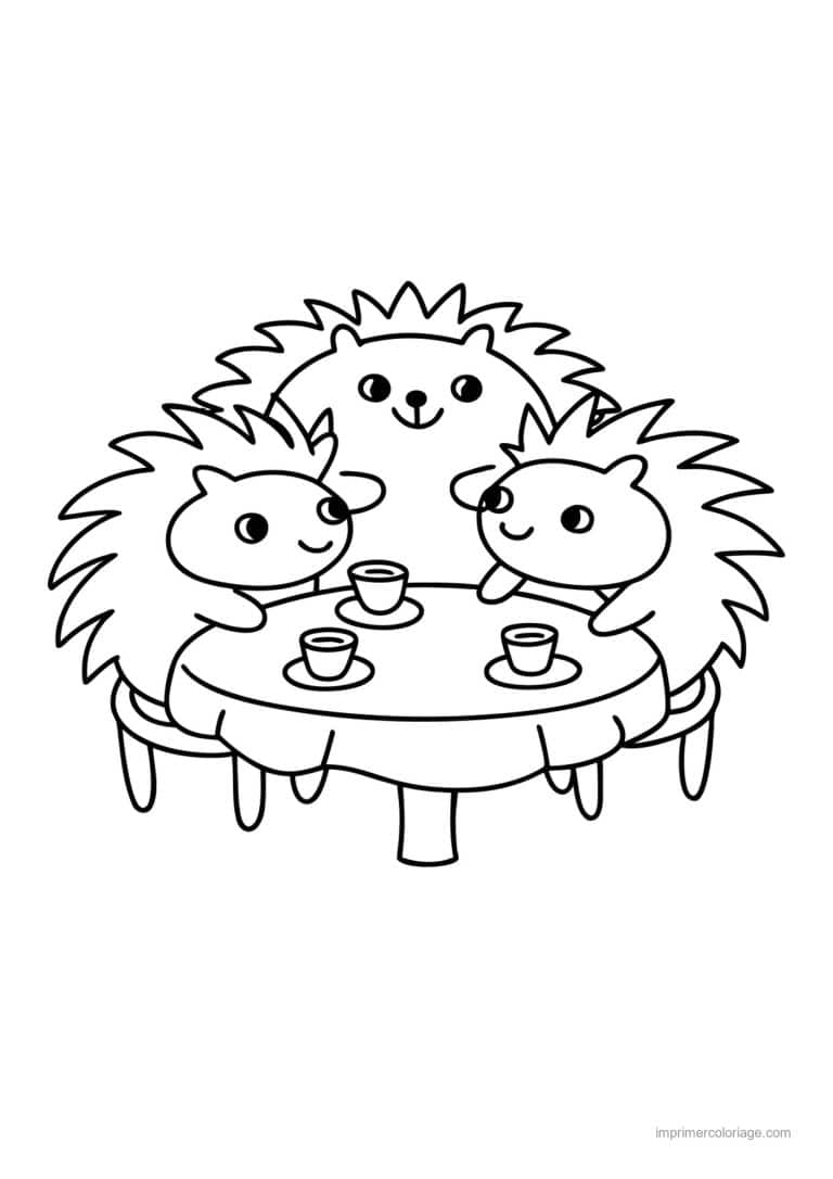 coloriage cozy friends trois herissons prennent le the - dessin gratuit &agrave; imprimer