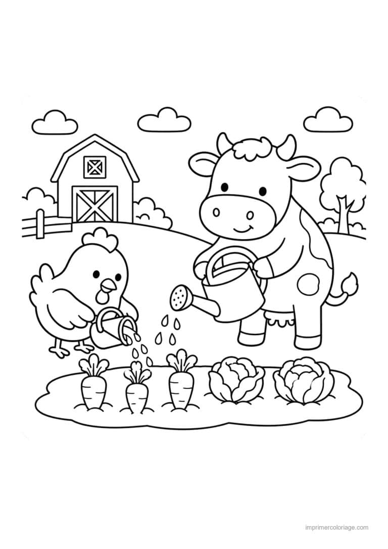 coloriage cozy friends vache et poule au potager - dessin gratuit &agrave; imprimer