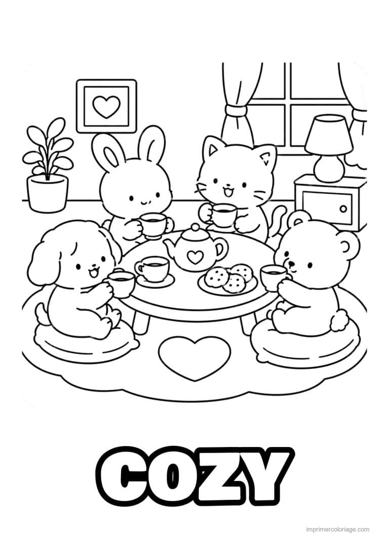 coloriage cozy gouter entre amis autour de la theiere - dessin gratuit &agrave; imprimer
