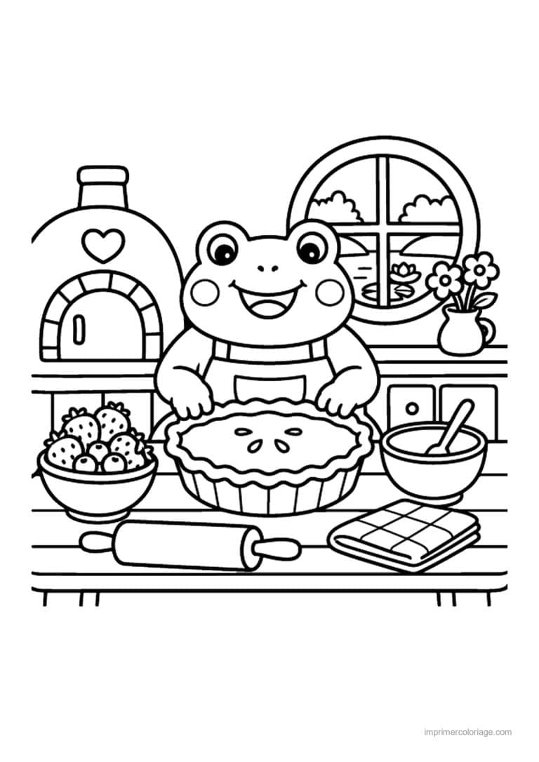 coloriage cozy grenouille prepare une tarte - dessin gratuit &agrave; imprimer