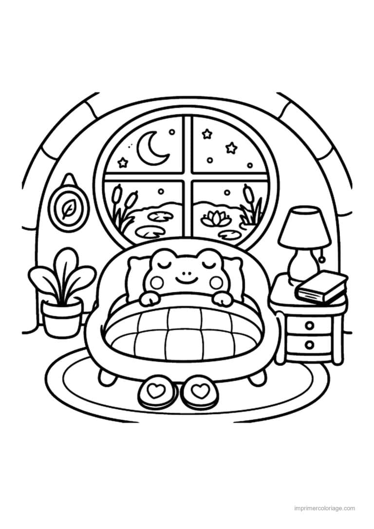 coloriage cozy grenouille qui dort dans son lit - dessin gratuit &agrave; imprimer