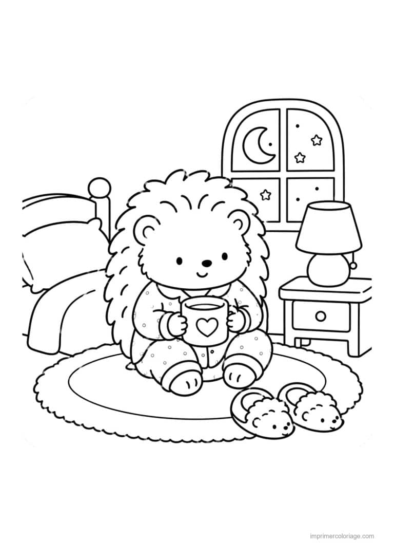 coloriage cozy herisson et tasse dans sa chambre - dessin gratuit &agrave; imprimer