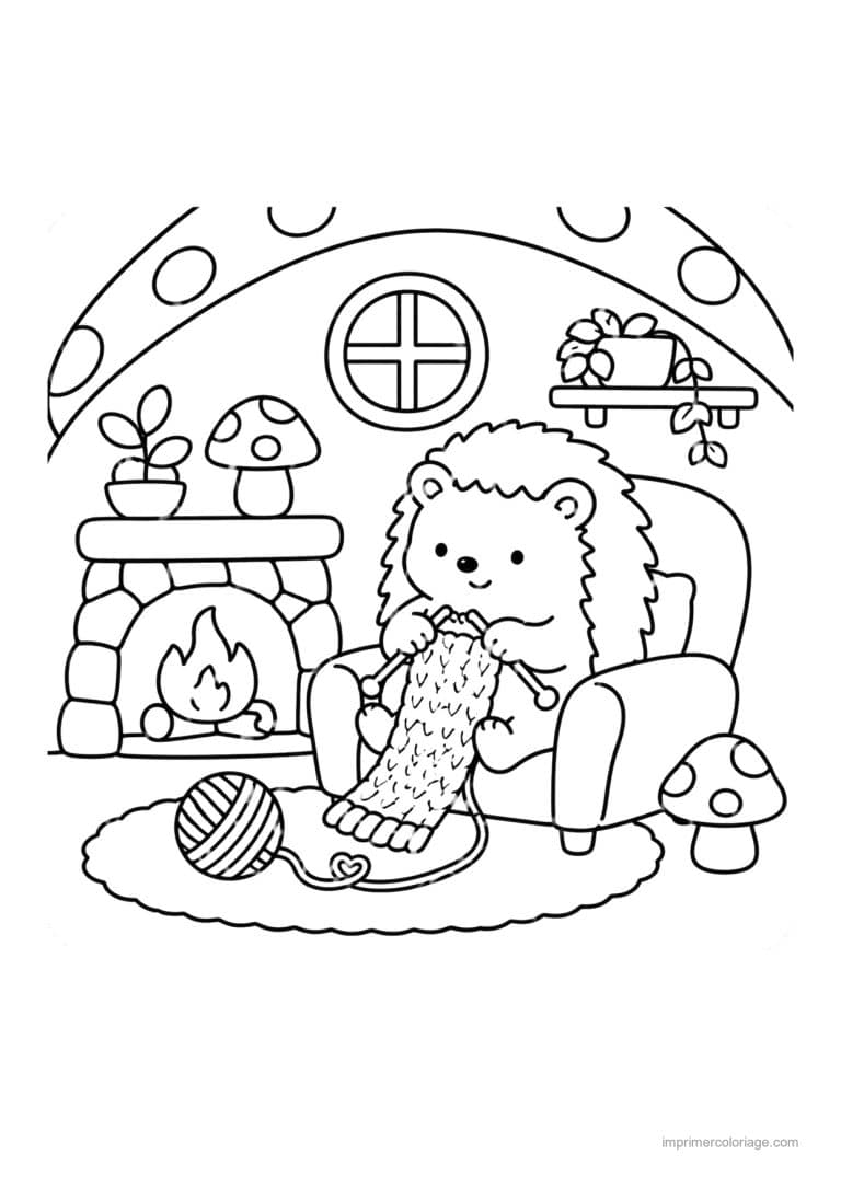 coloriage cozy herisson qui tricote pres du feu - dessin gratuit &agrave; imprimer
